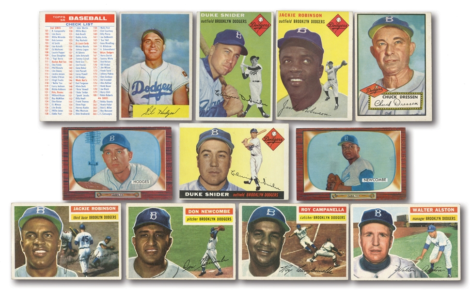 DODGERS CARD LOT OF (18) 1952-59 TOPPS & BOWMAN INCL. JACKIE ROBINSON, SNIDER, CAMPANELLA, KOUFAX, DRYSDALE, HODGES, ETC.